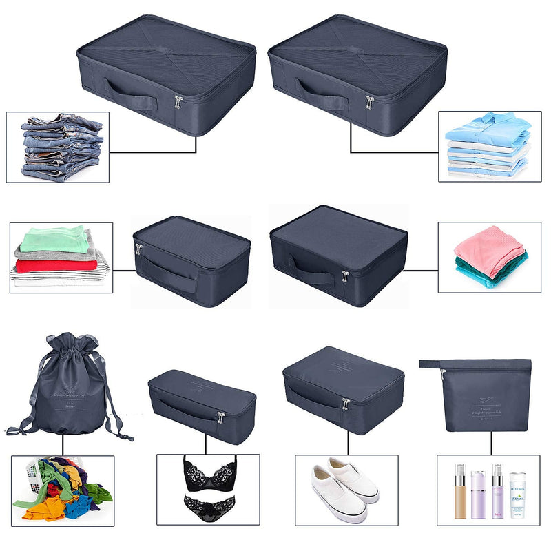 [Australia] - BETLLEMORY Packing Cubes 8 Sets Travel Luggage Organizers with Waterproof Shoe Storage Bag Compression Pouches(Navy Blue) Navy Blue 