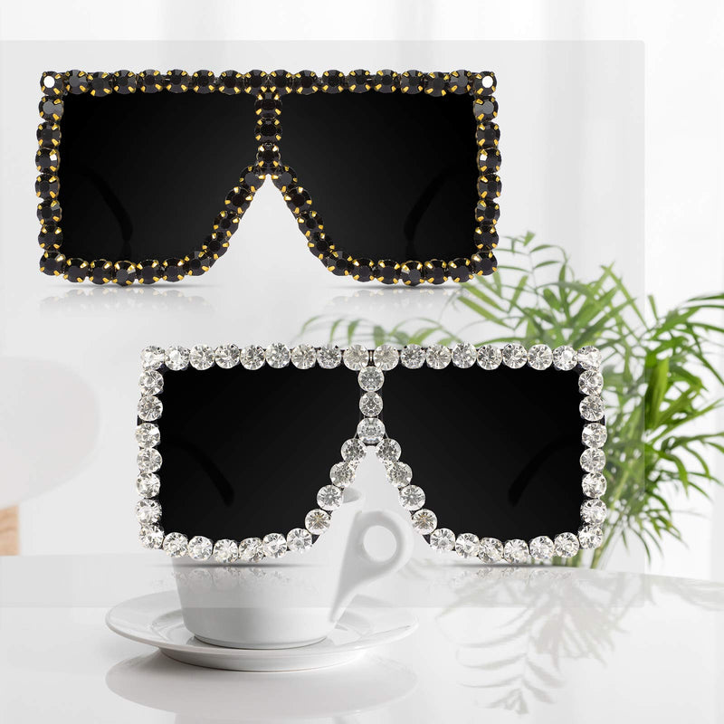 [Australia] - 2 Pairs Oversize Square Crystal Sunglasses, Flat Top Oversized Sunglasses, Retro Thick Frame Bling Sunglasses for Women Men Black 