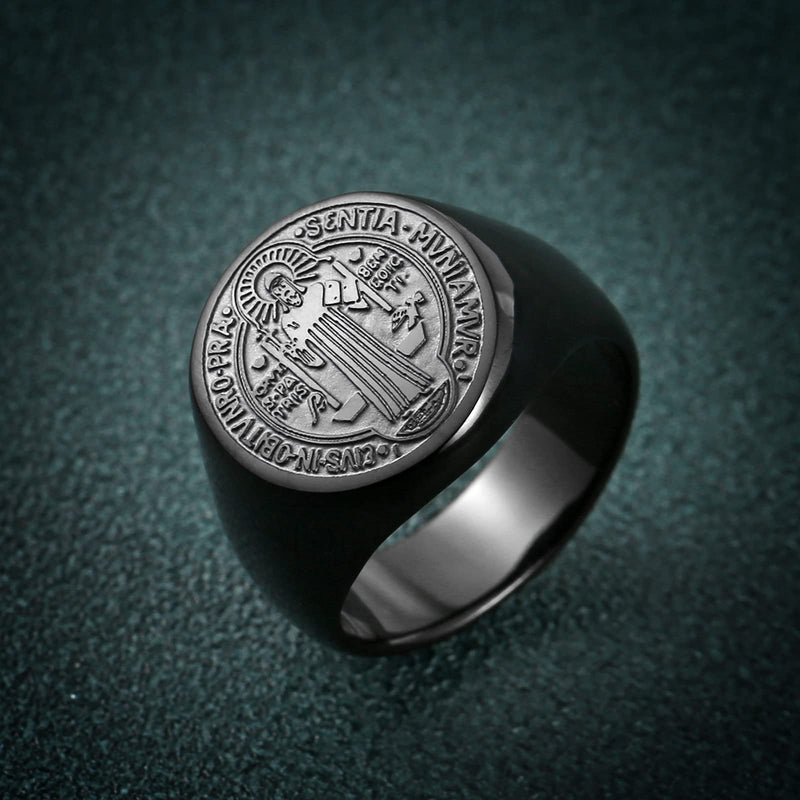 [Australia] - HZMAN Men Saint Benedict Exorcism Ring Stainless Steel Catholic Demon Protection Ghost Hunter Jewelry Black 6 