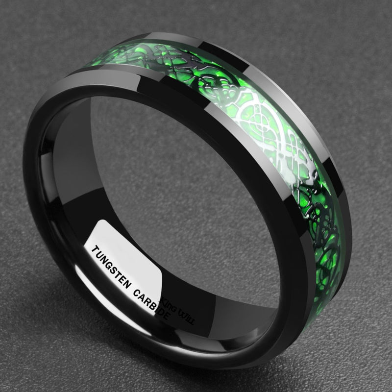 [Australia] - King Will Dragon Men's 5mm/8mm Green Carbon Fiber Black Celtic Dragon Tungsten Carbide Ring 4.5 