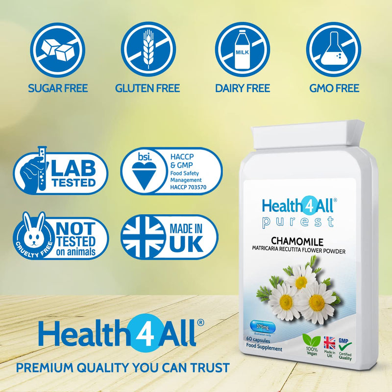[Australia] - Chamomile 375mg 60 Capsules (V) .(not Tablets) Purest- no additives, Vegan Capsules for Anxiety, Stress, Sleep and Digestive Health. Made in The UK by Health4All 60 Count (Pack of 1) 