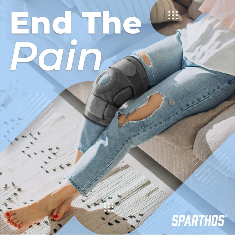 [Australia] - Sparthos Hinged Knee Brace - Relieves ACL, MCL, Meniscus Tear, Arthritis, Tendon Pain - Open Patella Design with Dual Metal Side Stabilizers - Support for Running, Knee Pain, For Men and Women (Large) Gray/Black Large 