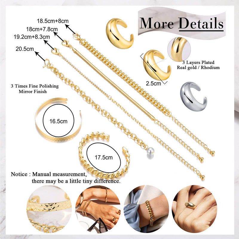 [Australia] - Gold Cuban Chain Bracelet Set & Open Dome Rings Set 14K Gold Plated Cuff Bangles Bracelets for Women Girls (9PCS) 9PCS(GOLD) 