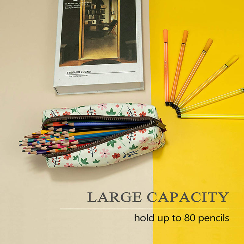 [Australia] - LParkin Floral Large Capacity Flower Canvas Pencil Case Teacher Gift Gadget Pen Bag Pouch Stationary Case Makeup Cosmetic Student Bag Box White 