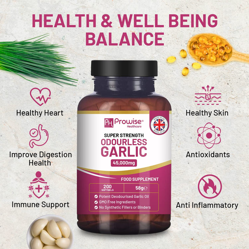 [Australia] - Premium Odourless Garlic Capsules - High Strength 45,000mg - 200 Softgels - Deodourised Premium Garlic Oil Extract from Allium Sativum - Made in UK by Prowise 