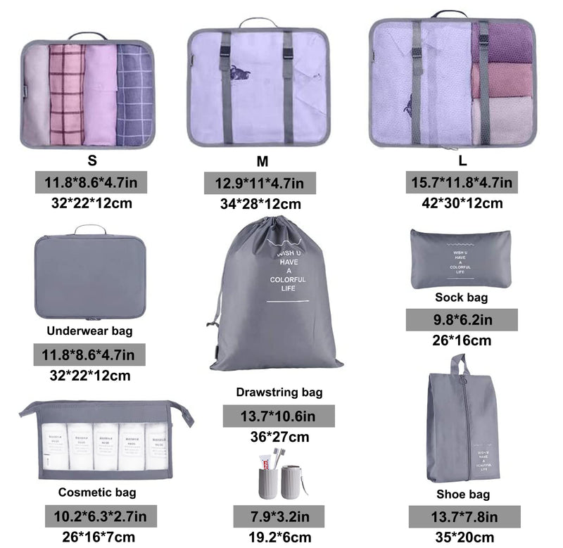 [Australia] - ZDKGER Packing Cubes for Suitcase,9 PCS Travel Luggage Packing Organizers Waterproof Travel Essentials Bag(Grey) A-grey 