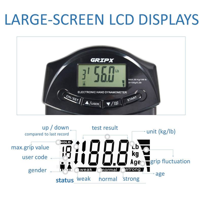 [Australia] - GRIPX Digital Hand Dynamometer Grip Strength Measurement Meter Auto Capturing Electronic Hand Grip Power 198Lbs / 90Kgs Black 