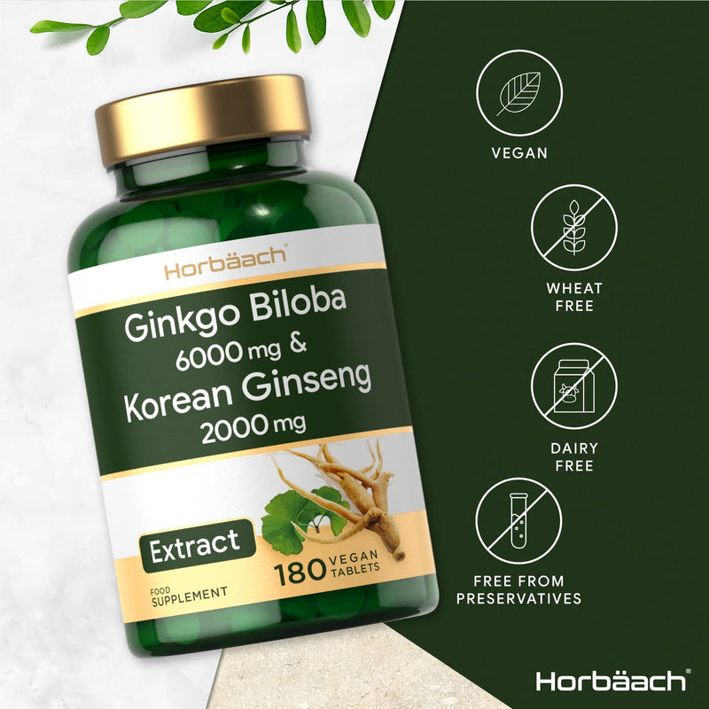 [Australia] - Ginkgo Biloba 6000mg & Korean Panax Ginseng 2000mg | 180 Vegan Tablets | High Strength Supplement | No Artificial Preservatives 