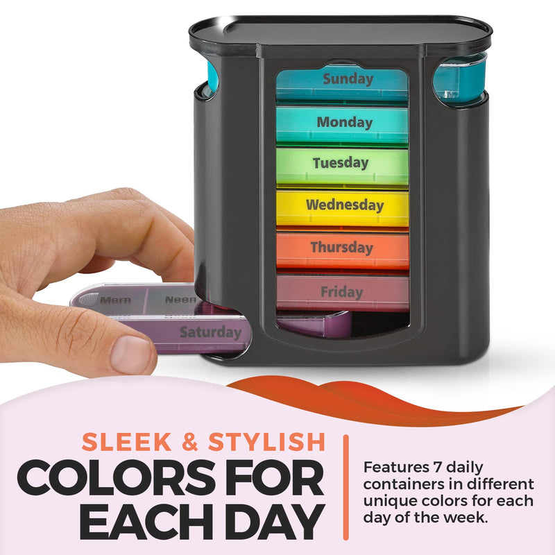 [Australia] - Weekly Pill Organizer, 1 Dispenser, 7 Stackable Compartments Four Times-a-Day - Morning, Noon, Evening, and Bedtime, Black 