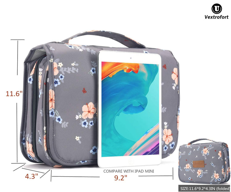 [Australia] - Toiletry Bag for Women, Large Hanging Travel Makeup Bag Water-Resistant for Toiletries/Cosmetics/Brushes - Gray Gray Flower 