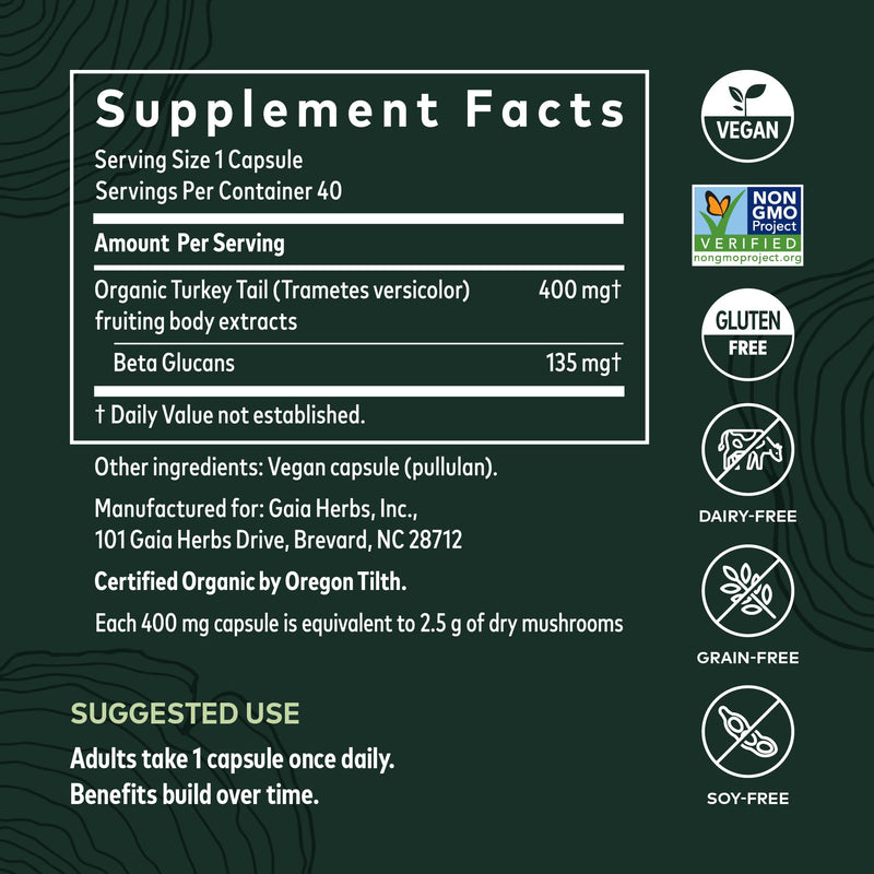[Australia] - Gaia Herbs Turkey Tail Mushroom - Immune Support Supplement to Help Maintain Liver Health - with Organic Turkey Tail Mushroom Fruiting Body Extract - 40 Vegan Capsules (40-Day Supply) 