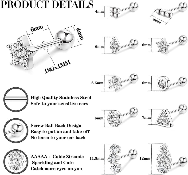 [Australia] - MILACOLATO 10Pcs 18G 316L Stainless Steel Cartilage Stud Earrings Helix Tragus Earring CZ Stud Earrings Bar Earrings Barbell Cartilage Piercing for Women Men Silver Tone 