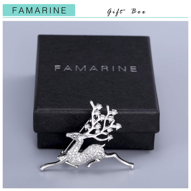 [Australia] - FAMARINE CZ Sika Deer Brooch, Christmas Animals Brooch Pin Paved by Cubic Zirconia Crystals Sliver Deer 