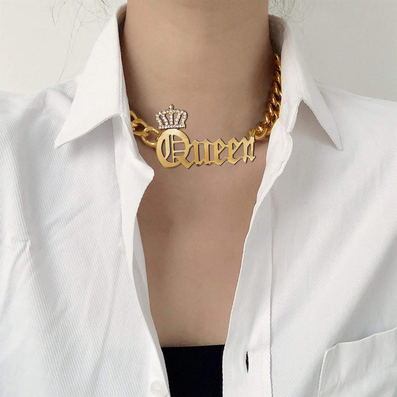 [Australia] - sailimue Queen Pendant Curb Chain Necklace with Oversize Statement Bamboo Hoop Earring Set for Women Gold Plated Color Punk Style Hip Hop Rapper A:Twist Earring+Queen Necklace 