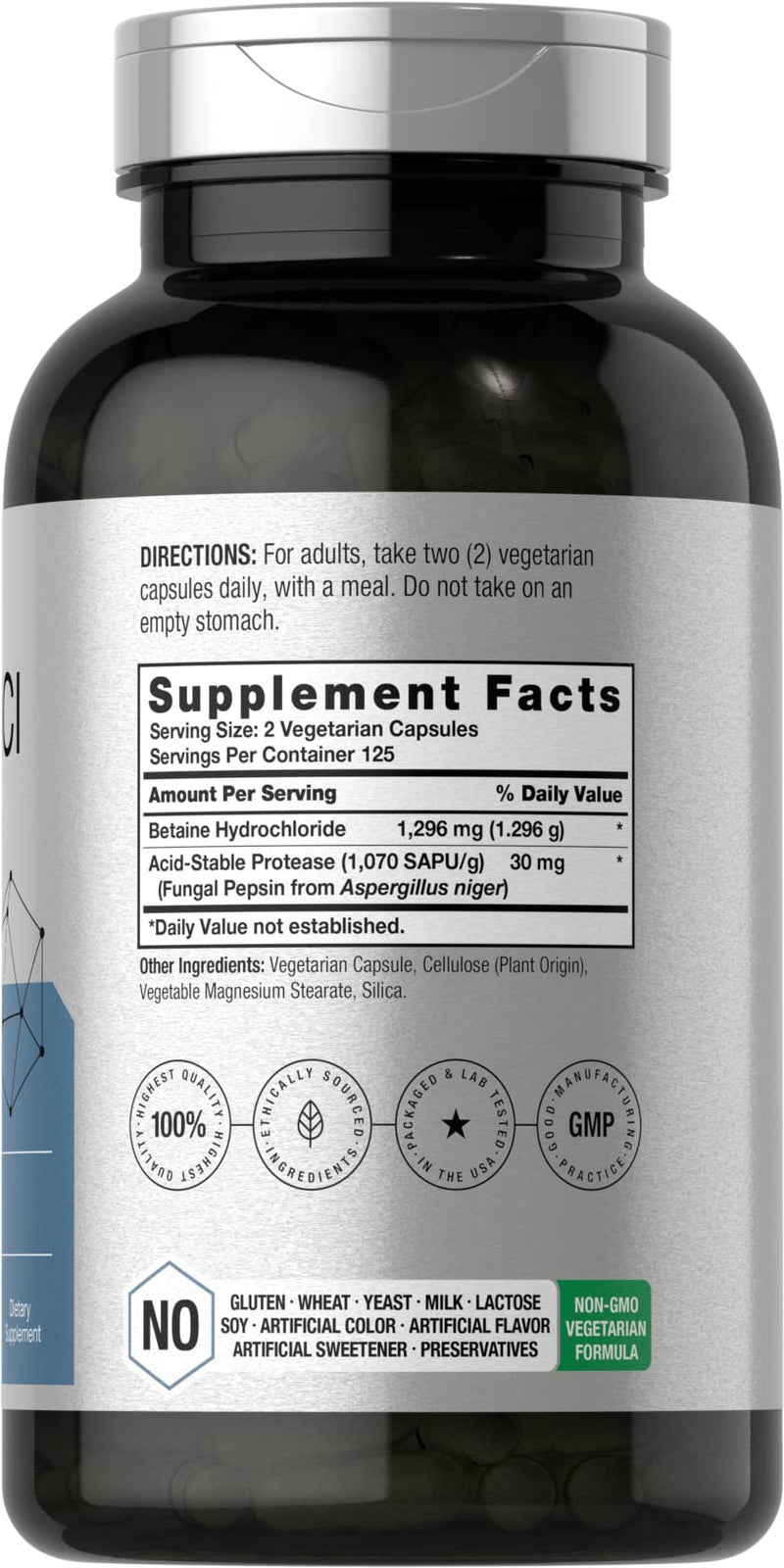 [Australia] - Betaine HCl with Pepsin | 1326mg | 250 Capsules | Betaine Hydrochloride Supplement | with Protease | Non-GMO, Gluten Free, Vegetarian | by Horbaach 