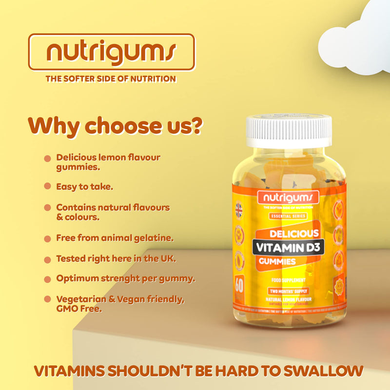 [Australia] - Vitamin D3 | 60 Lemon Flavour Gummies | Two Month Supply | 1000iu High Strength for Immune, Bones & Muscle Support | Suitable for 12+ Years by NUTRIGUMS� 