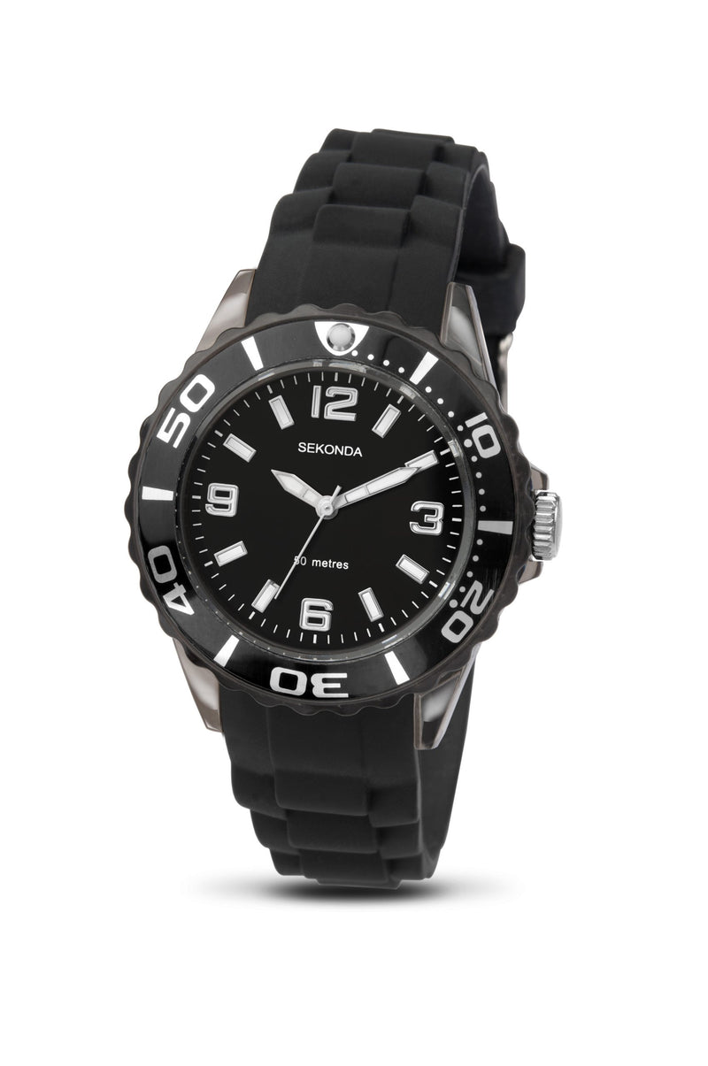 [Australia] - Sekonda Unisex-Child Quartz Watch, Analogue Classic Display and Silicone Strap Black Strap/Black Dial 