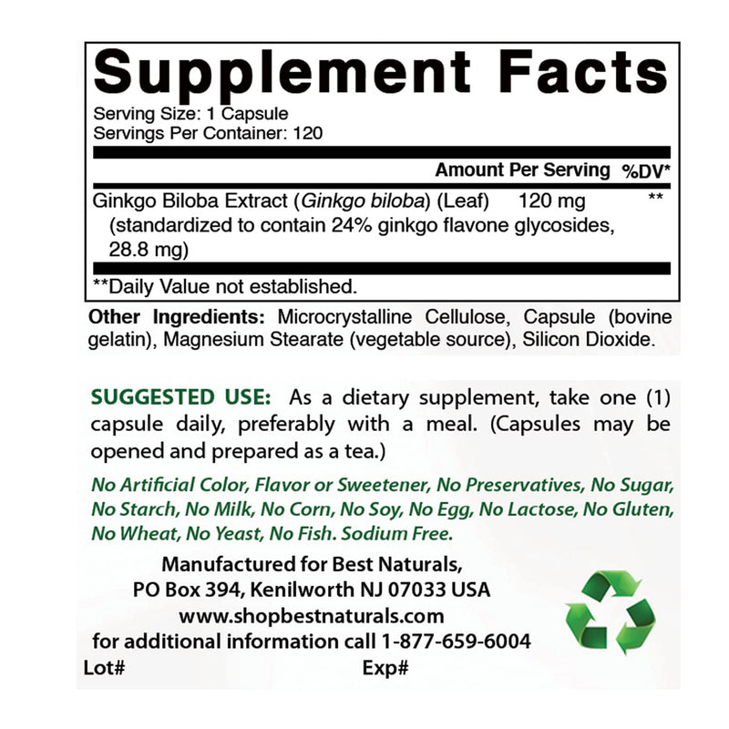 [Australia] - Best Naturals, Ginkgo Biloba Extract - Double Strength Ginkgo Biloba, 120mg, 120 Capsules (120 Count (Pack of 1)) 120 Count (Pack of 1) 