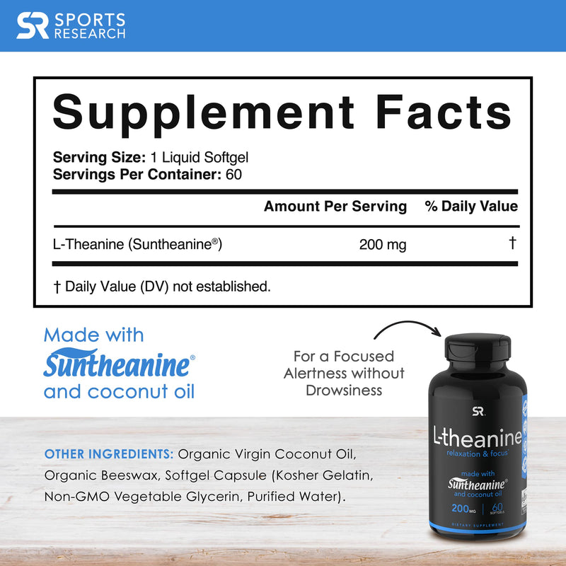 [Australia] - Sports Research Double Strength ‘Suntheanine’ L-Theanine with Organic Coconut Oil - Promotes Alertness & Relaxation without Drowsiness - 200mg L Theanine Supplement - 60 Softgel Capsules for Adults 