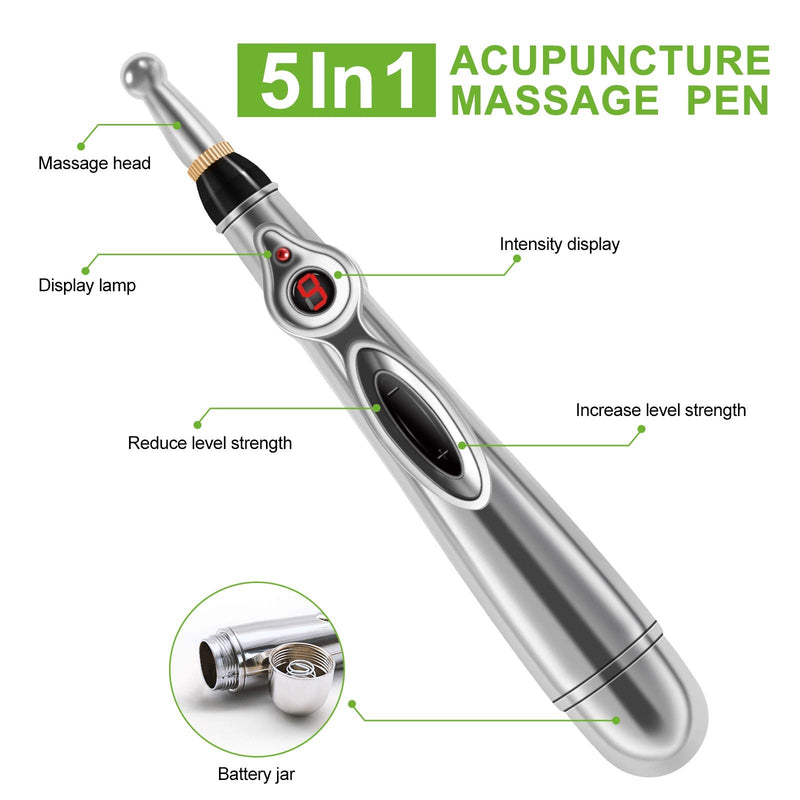 [Australia] - Acupuncture Energy Pen, Pulse Relief Massage Pen with 5 Massage Heads,Pain Relief Therapy Electric Meridians Acupuncture Machine Meridian Energy Pen for Pain Relief， Nine Power Levels 