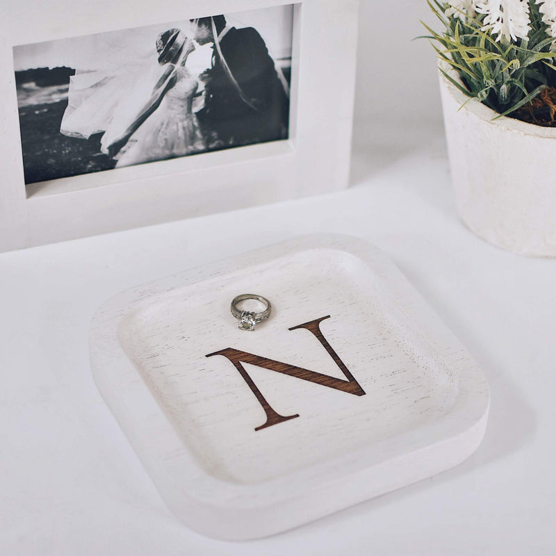 [Australia] - Solid Wood Personalized Initial Letter Jewelry Display Tray Decorative Trinket Dish Gifts For Rings Earrings Necklaces Bracelet Watch Holder (6"x6" Sq White "N") ุ6"x6" Sq White "N" 