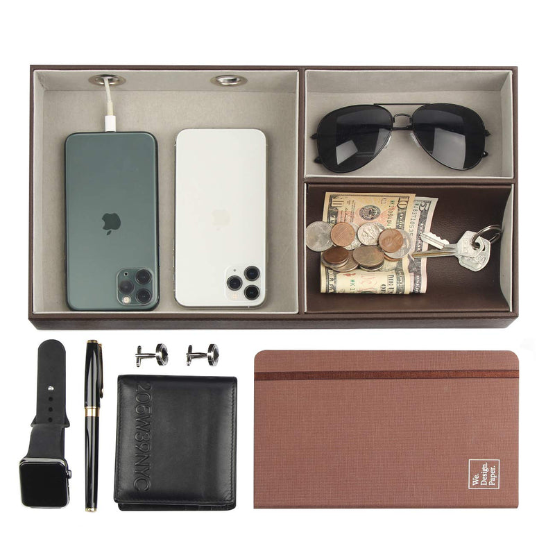 [Australia] - JACKCUBE DESIGN Nightstand Organizer for Men, Leather Valet Tray Key Wallet Phone Watch Glass Holder with 2 Charging Holes (Dark Brown, 14.2 x 7.7 x 2 inches) - MK234A 