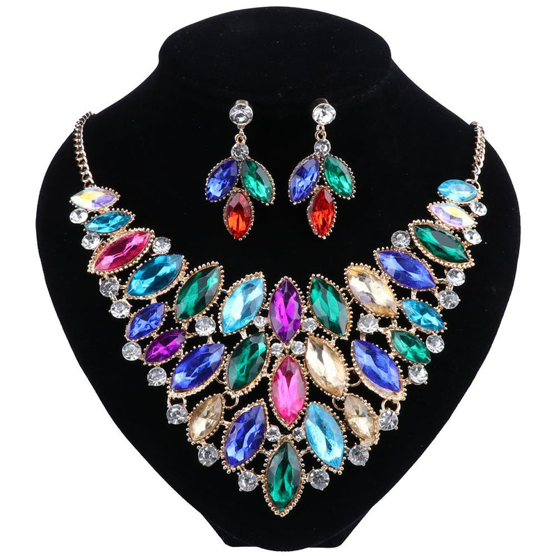 [Australia] - Fashion Choker Bib Necklace Crystal Femme Brand Women Jewelry Statement Necklaces Earring Jewelry Set Colorful 