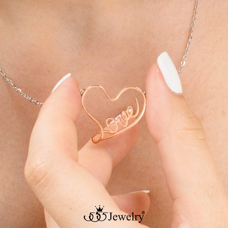 [Australia] - 555Jewelry Stainless Steel Love Script Heart Necklace Pendant for Women & Girls Rose Gold 