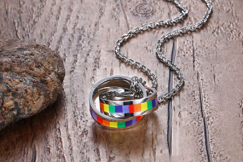 [Australia] - HoBST Gay Pride Rainbow Pendant Necklace LGBT Lesbian Flag with Chain Homosexual Double Rings 