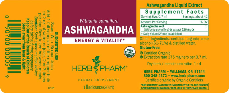 [Australia] - Herb Pharm Certified Organic Ashwagandha Extract for Energy and Vitality, Organic Cane Alcohol, 1 Ounce 1 Fl Oz (Pack of 1) 