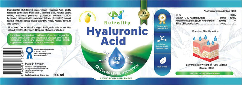 [Australia] - Nutrality Liquid Hyaluronic Acid Dietary Supplement, 100 mg, Low Molecular Natural Cell Hydrating Formula with Vitamin C for Advanced Joint Support, Vegan Friendly 