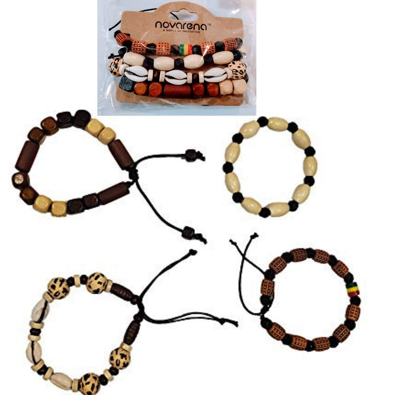 [Australia] - NOVARENA 1-24 Pcs Adjustable Length African Bracelets and Necklaces for Men Women Beaded Bracelets Multi Layer Ethnic Tribal Traditional 4 Pcs Bracelets Set - Style A 