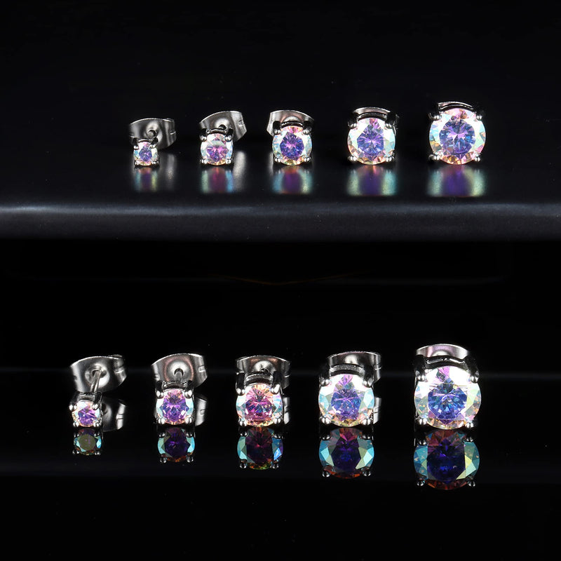 [Australia] - Drperfect 5 Pairs CZ Stud Earrings Set, Round Clear Cubic Zirconia Stud Earrings 316L Stainless Steel CZ Earrings 3-7mm Aurora Borealis 
