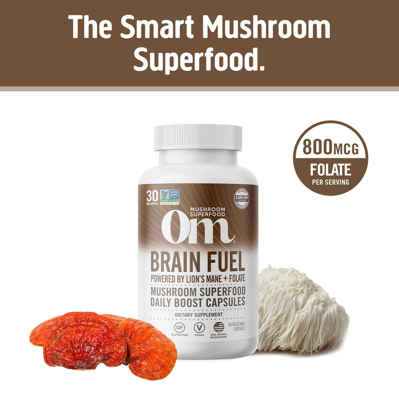 [Australia] - Om Mushroom Superfood Brain Fuel Mushroom Powder Capsules Superfood Supplement, 90 Count, 30 Days, Lion's Mane, Reishi Blend Plus Folate, Mental Clarity, Mushroom Supplement 