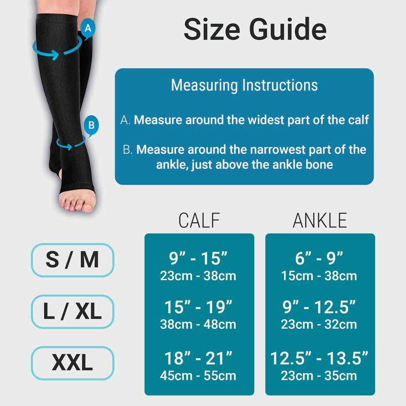[Australia] - Open Toe Medical Compression Socks for Women & Men Flight Running Pregnancy Travel Work Varicose Veins S/M/L/XL/XXL (2 Pair) with Laundry Bag (Large - X Large) Large - X Large 