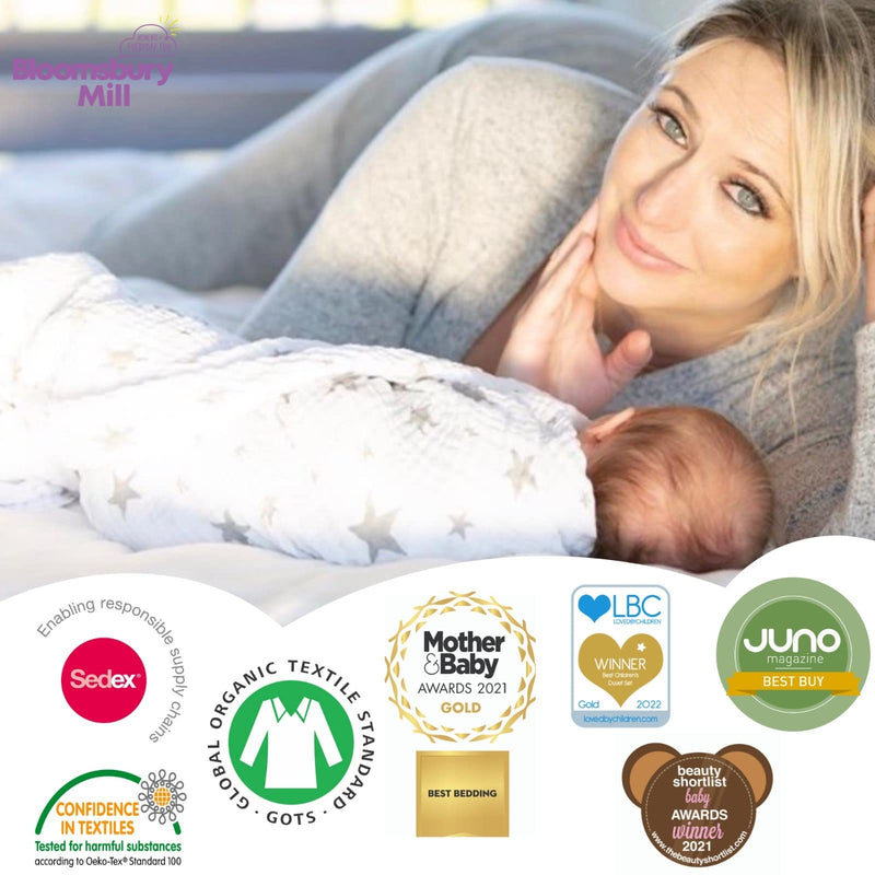 [Australia] - Bloomsbury Mill - Pack of 6 - 100% Organic Cotton Muslin Squares – Breathable & Soft Baby Cloths – Essential Newborn Gift in Stars, Chevrons & Polka Dots Designs - Blue & White - 70cm x 70cm 