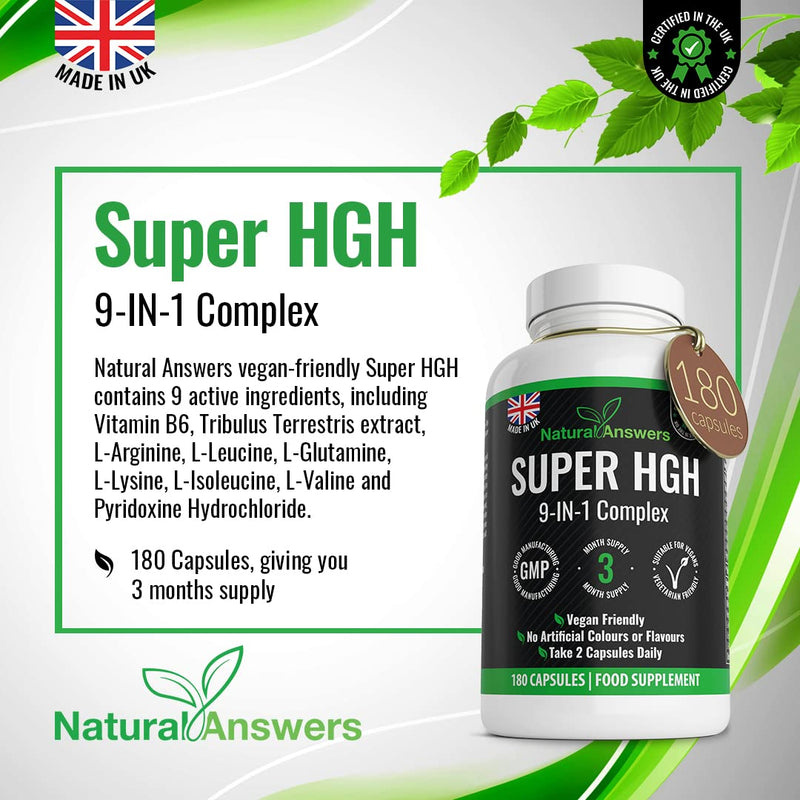 [Australia] - 180 Super HGH Vegan Capsules - (3 Months Supply) 9-in-1 HGH Complex with Vitamin B6 and Tribulus Terrestris Extract - Made in The UK 