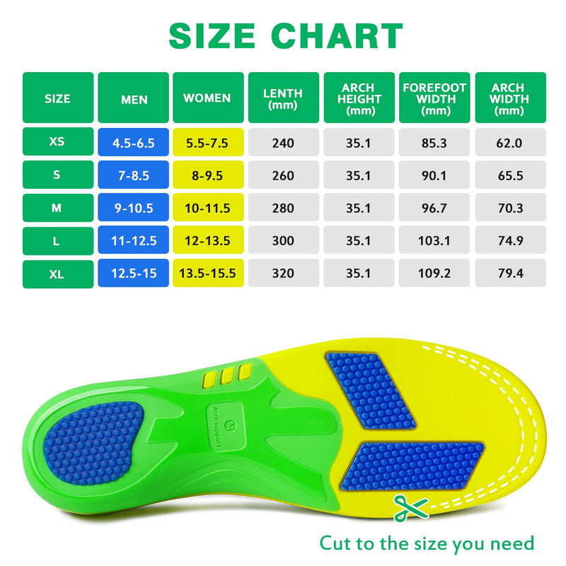 [Australia] - Popzoom Arch Support Plantar Fasciitis Insoles - 200lbs+ Heavy Duty Arch Support Orthotic Inserts for Flat Feet, Fallen Arch, High Arch, Heel Pain - Insoles for Overpronation Green S(Men 7-8.5/Women 8-9.5) 