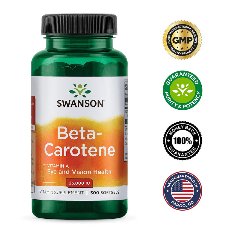 [Australia] - Swanson Beta-Carotene Vitamin A 25000 IU Skin Eye Immune System Health Antioxidant Support 7500 mcg 300 Softgels Count 1 