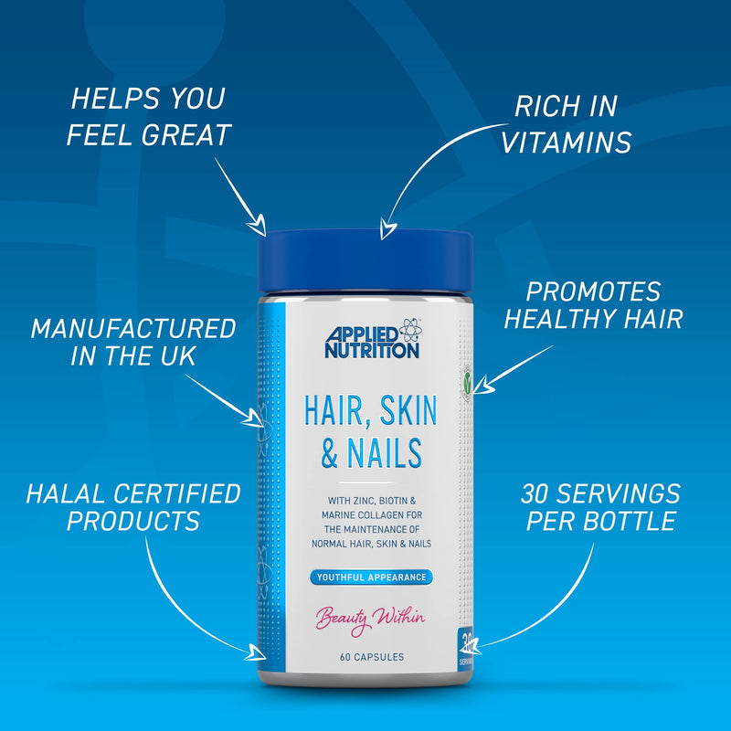 [Australia] - Applied Nutrition Hair, Skin, Nails - Biotin & Marine Collagen for Healthy Hair Growth, Skin & Nails Supplement with 10000 mcg Biotin (60 Capsules - 30 Servings) 