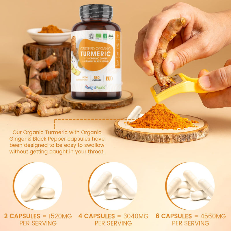 [Australia] - Organic Turmeric Ginger & Black Pepper Capsules 1520mg - 180 Vegan Capsules - with Active Curcumin - Soil Association Certified - 3 Month Supply - High Strength Turmeric & Black Pepper Supplement 