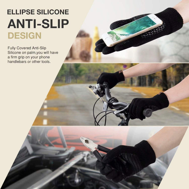 [Australia] - Winter Knit Gloves For Men And Women, Touch Screen Texting Soft Warm Thermal Fleece Lining Gloves With Anti-Slip Silicone Gel Black Medium 