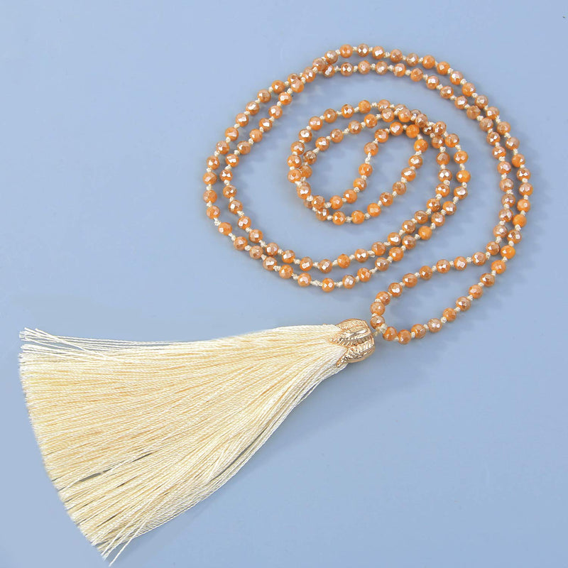 [Australia] - C·QUAN CHI Handmade Crystal Beaded Necklace Women Girls Tassel Pendant Necklace Statement Strand Necklace Gifts Jewelry for Women Gifts for Girls 02-Beige 