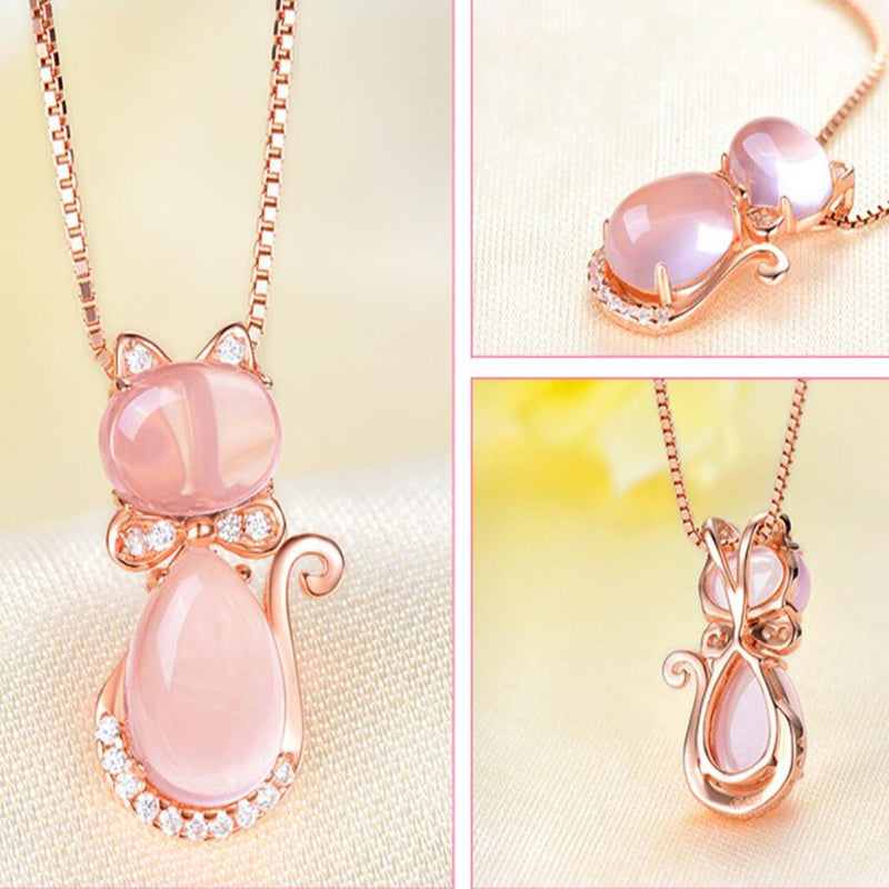 [Australia] - COLORFUL BLING Pink cat Pendant Necklace Ross Stone Quartz Opal Cute Rose Gold Silver Plated Chain Necklace for Women Girls 