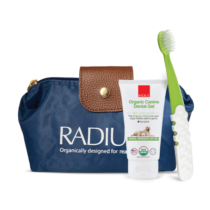 [Australia] - RADIUS Organic Pet Deluxe Oral Care Kit Canine Toothbrush With Organic Canine Toothpaste White Toothbrush Holder Clear Critter Case Blue Travel Bag, 1 Count 