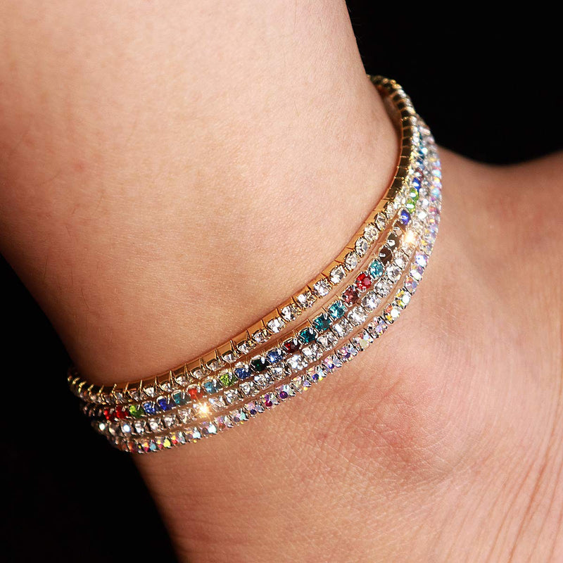 [Australia] - Suyi Crystal Ankle Bracelet for Women 4Pcs Diamond Tennis Stretch Anklets Elastic Foot Chain Set1 