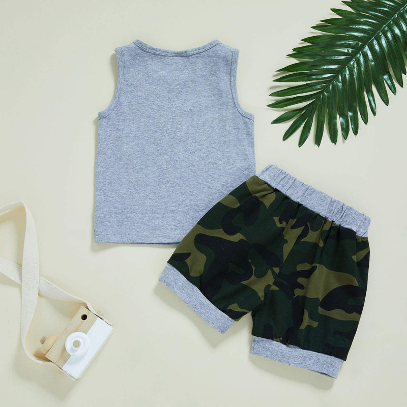 [Australia] - Viworld Baby Boy Summer Short Set Toddler Letter Print Sleeveless Tank Top+Camouflage Pants 2PCS Clothes Outfit Gray-a 6-12 Months 