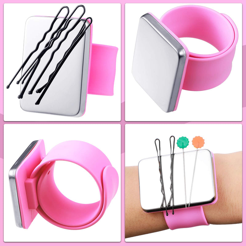 [Australia] - Magnetic Silicone Wrist Strap Bracelet Magnetic Bobbie Pin Hair Clips Bracelet Magnetic Wrist Sewing Pincushion with 2 Pieces Hair Parting Comb, 72 Pieces Hairpins for Quilting Sewing Pin Hair Clips Pink 