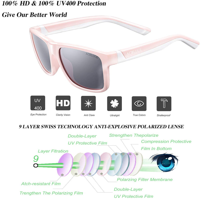 [Australia] - ACBLUCE Kids Polarized Sunglasses Sport TPEE Unbreakable Frame with Adjustable Strap for Boys Girls Age 6-12 Bright Pink/White Frame丨grey Lense 