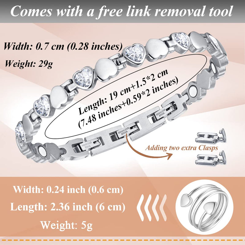 [Australia] - Vicmag Magnetic Bracelets for Women Titanium Steel Brazaletes Ultra Strength Magnetic Adjustable with Removal Tool and Gift Box (Silver Love Heart) Silver Love Heart 